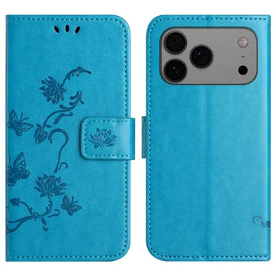 For iPhone 18 Pro Max / 17 Pro Max Case Wallet Stand Imprinted Butterfly Flower PU Leather Phone Cover - Blue