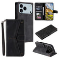For iPhone 18 Pro Max / 17 Pro Max Leather Case Splicing Stitching Wallet Phone Cover with Wrist Strap - Black
