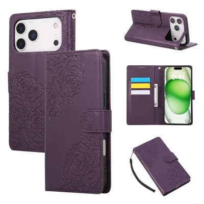 For iPhone 18 Pro Max / 17 Pro Max Case Rose Flower PU Leather Wallet Phone Cover with 3 Card Slots / Wrist Strap - Dark Purple