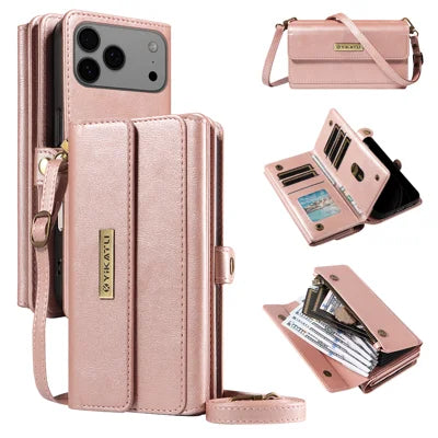 YIKATU For iPhone 18 Pro Max / 17 Pro Max Case  YK-008 Zipper Wallet Leather Phone Cover with Shoulder Strap - Rose Gold