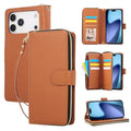 For iPhone 18 Pro Max / 17 Pro Max Case 9 Card Slots Zipper Pocket PU Leather Cover with Wrist Strap - Brown