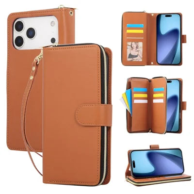 For iPhone 18 Pro Max / 17 Pro Max Case 9 Card Slots Zipper Pocket PU Leather Cover with Wrist Strap - Brown