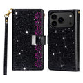 For iPhone 18 Pro Max / 17 Pro Max Case Starry Sky Carving Leather Wallet Phone Cover with Wrist Strap - Black