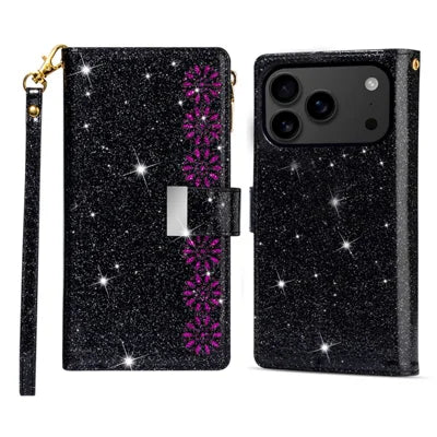 For iPhone 18 Pro Max / 17 Pro Max Case Starry Sky Carving Leather Wallet Phone Cover with Wrist Strap - Black