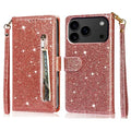 For iPhone 18 Pro Max / 17 Pro Max Stand Case Glitter Phone Leather Cover Zipper Pocket - Rose Gold