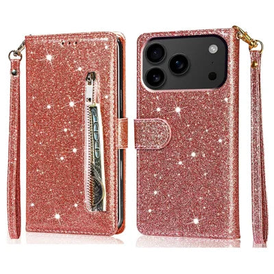 For iPhone 18 Pro Max / 17 Pro Max Stand Case Glitter Phone Leather Cover Zipper Pocket - Rose Gold