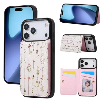 For iPhone 18 Pro Max / 17 Pro Max Case Flower Leather TPU RFID Blocking Phone Cover Card Slots - Dried Flower