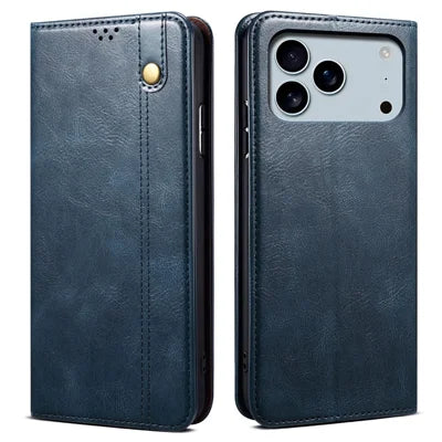 For iPhone 18 Pro Max / 17 Pro Max Case Crazy Horse Texture Waxy Leather Wallet Stand Phone Cover - Blue