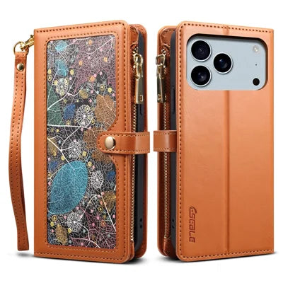 ESEBLE Galaxy Series For iPhone 18 Pro Max / 17 Pro Max Case RFID Blocking Leather Zipper Phone Cover with Shoulder Strap + Wrist Strap - Brown