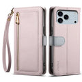 ESEBLE E11 For iPhone 18 Pro Max / 17 Pro Max Case Zipper Pocket Litchi Texture Leather Phone Cover with Mirror and Wrist Strap - Light Purple