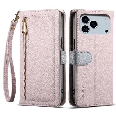 ESEBLE E11 For iPhone 18 Pro Max / 17 Pro Max Case Zipper Pocket Litchi Texture Leather Phone Cover with Mirror and Wrist Strap - Light Purple