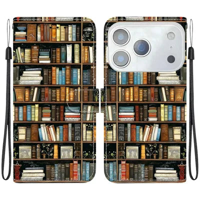 For iPhone 18 Pro Max / 17 Pro Max Leather Case Stand Wallet Pattern Printing Phone Cover with Wrist Strap - Bookshelf