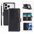 For iPhone 18 Pro Max / 17 Pro Max Case Split Leather Magnetic Wallet Phone Protector with Wrist Strap - Black