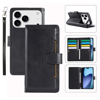 For iPhone 18 Pro Max / 17 Pro Max Case Split Leather Magnetic Wallet Phone Protector with Wrist Strap - Black