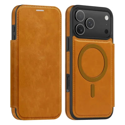 For iPhone 18 Pro Max / 17 Pro Max Case Compatible with MagSafe RFID Blocking Card Holder Leather Phone Cover - Brown