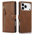 For iPhone 18 Pro Max / 17 Pro Max Case Zipper Flip Leather Phone Cover with Card Holder - Brown