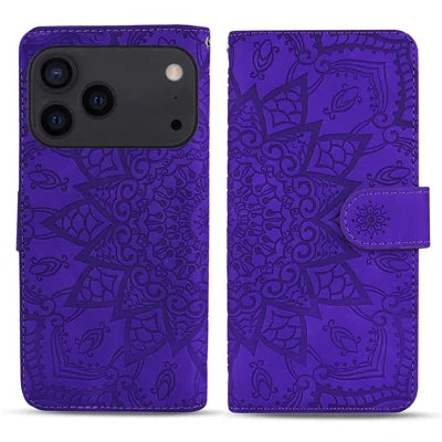 For iPhone 18 Pro Max / 17 Pro Max Case Flower Imprinted PU Leather Wallet Flip Phone Cover with Wrist Strap - Purple