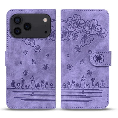 For iPhone 18 Pro Max / 17 Pro Max Case Cherry Blossom Cat Imprinted Leather Phone Cover with Wrist Strap - Purple