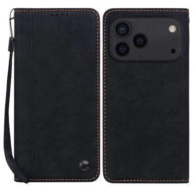 For iPhone 18 Pro Max / 17 Pro Max Case Lines Pattern Wallet Leather Phone Cover with Strap - Black