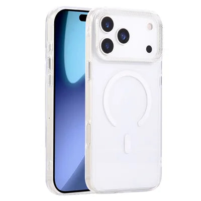 For iPhone 18 Pro Max / 17 Pro Max Case Compatible with MagSafe PC + TPU Clear Phone Cover with Diamond Texture Lens Frame - White