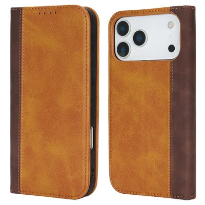 For iPhone 18 Pro Max / 17 Pro Max Case Calf Texture 3 Card Slots Color Splicing Leather Phone Cover - Yellow+Brown