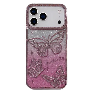 For iPhone 18 Pro Max / 17 Pro Max Case 3D Butterfly TPU Phone Cover with Gradient Glitter Paper - Pink