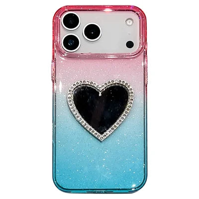 For iPhone 18 Pro Max / 17 Pro Max Case Glitter Dual Color PC + TPU Clear Phone Cover with Heart-Shape Mirror - Pink / Sky Blue