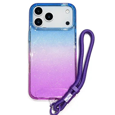 For iPhone 18 Pro Max / 17 Pro Max Case Glitter Dual Color PC + TPU Clear Phone Cover with Hand Strap - Blue / Purple