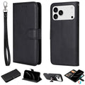 For iPhone 18 Pro Max / 17 Pro Max Case 2 in 1 Detachable Magnetic Leather Wallet Mobile Cover with Strap - Black