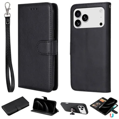 For iPhone 18 Pro Max / 17 Pro Max Case 2 in 1 Detachable Magnetic Leather Wallet Mobile Cover with Strap - Black