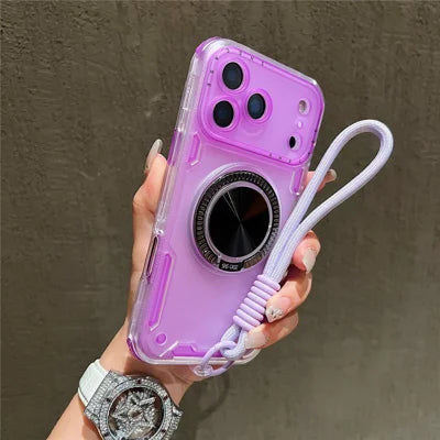 For iPhone 18 Pro Max / 17 Pro Max Case Ring Kickstand PC + TPU Translucent Phone Back Cover with Hand Strap - Purple