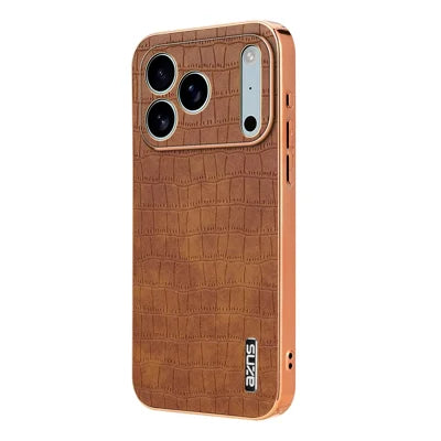 AZNS For iPhone 18 Pro Max / 17 Pro Max Case Electroplating Crocodile Texture PU + TPU Phone Cover - Brown