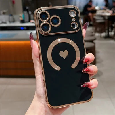 For iPhone 18 Pro Max / 17 Pro Max Magnetic Case Electroplating Soft TPU Cover with Cute Love Heart - Black
