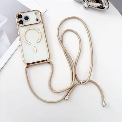 For iPhone 18 Pro Max / 17 Pro Max Case Compatible with MagSafe Electroplating TPU Phone Cover with Long Lanyard - Gold