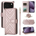 For iPhone 18 Pro Max / 17 Pro Max Case with Shoulder  /  Wrist Strap Leather Phone Cover Stand Wallet - Pink