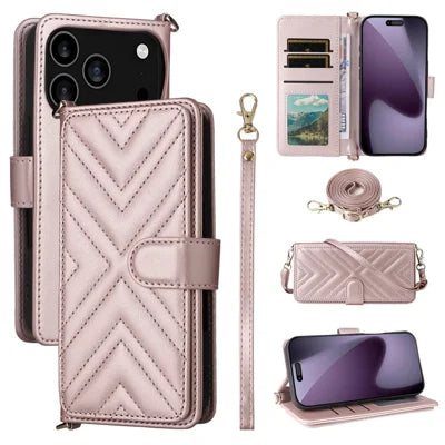 For iPhone 18 Pro Max / 17 Pro Max Case with Shoulder  /  Wrist Strap Leather Phone Cover Stand Wallet - Pink