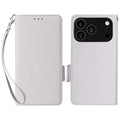 For iPhone 18 Pro Max / 17 Pro Max Case with Wrist Strap Litchi Texture PU Leather Wallet Phone Cover - White