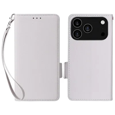 For iPhone 18 Pro Max / 17 Pro Max Case with Wrist Strap Litchi Texture PU Leather Wallet Phone Cover - White