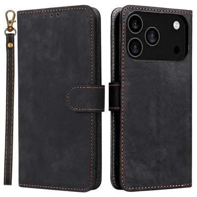For iPhone 18 Pro Max / 17 Pro Max Case Wallet RFID Blocking PU Leather Phone Cover Stand with Strap - Black