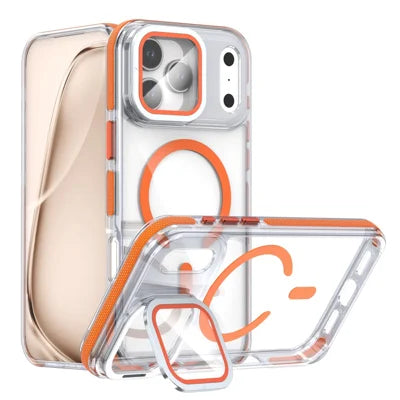 For iPhone 18 Pro Max / 17 Pro Max Magnetic Case TPU Acrylic Clear Phone Back Cover with Lens Protector Kickstand - Orange