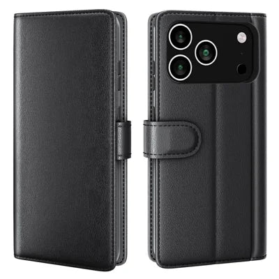 AMORUS For iPhone 18 Pro Max / 17 Pro Max Stand Cases Calf Texture Genuine Split Leather Wallet Phone Cover - Black