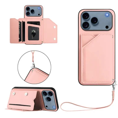 For iPhone 18 Pro Max / 17 Pro Max Case Card Holder Kickstand Skin-Touch Phone Cover with Wrist Strap - Pink