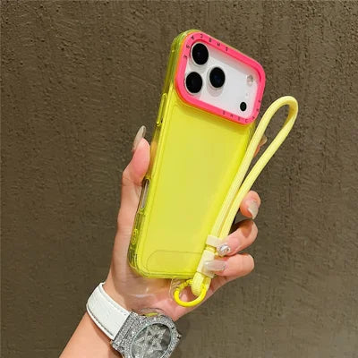For iPhone 18 Pro Max / 17 Pro Max Case Clear Contrasting Colors Shockproof TPU Phone Back Cover with Wrist Strap - Yellow