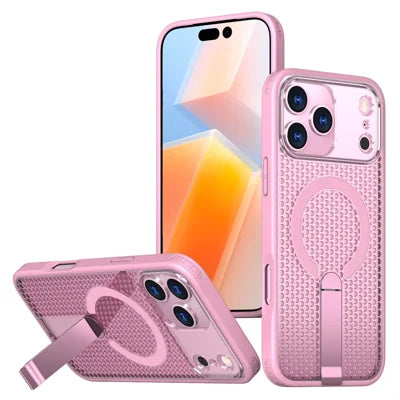 For iPhone 18 Pro Max / 17 Pro Max Magnetic Case Kickstand Grid Texture TPU PC Phone Back Cover - Pink