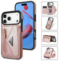 N.BEKUS For iPhone 18 Pro Max / 17 Pro Max Leather Zipper Case Card Holder Phone Cover with Shoulder Strap - Pink