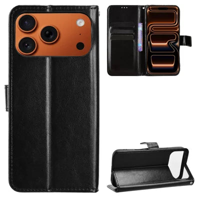For iPhone 18 Pro Max / 17 Pro Max PU Leather Case with Strap Crazy Horse Texture Phone Wallet Cover - Black