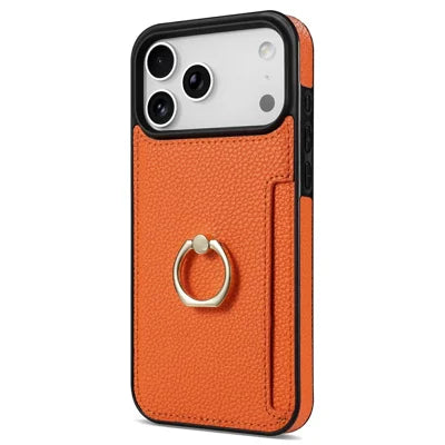 For iPhone 18 Pro Max / 17 Pro Max Case Ring Kickstand PU + TPU Card Holder Phone Cover - Orange