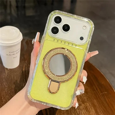 For iPhone 18 Pro Max / 17 Pro Max Magnetic Case Kickstand Glitter Design PC + TPU Phone Back Cover with Mirror - Yellow