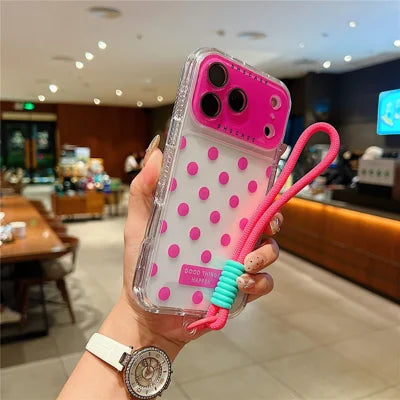 For iPhone 18 Pro Max / 17 Pro Max Case Polka Dot Pattern PC + TPU Phone Cover with Lens Film  /  Strap - Rose
