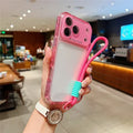 For iPhone 18 Pro Max / 17 Pro Max Case Clear Colorful Frame Drop-Proof TPU + PC Phone Back Cover with Lens Film  /  Strap - Pink